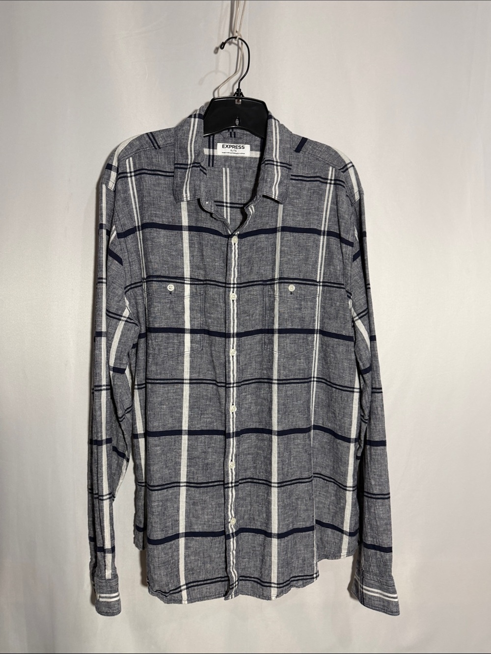 Express Men’s Navy and White Plaid Button-Down Shirt
